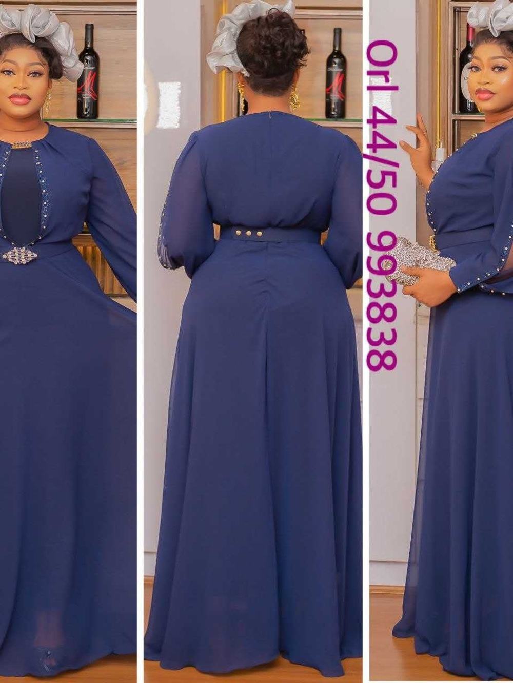 Trina Turk Navy Long Sleeve Maxi Dress with Embellished Belt